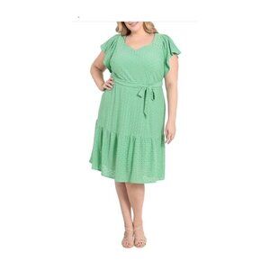 London Times Womens Green Flutter Sleeve Soft Eyelet Midi Dress Plus Sz 16W New